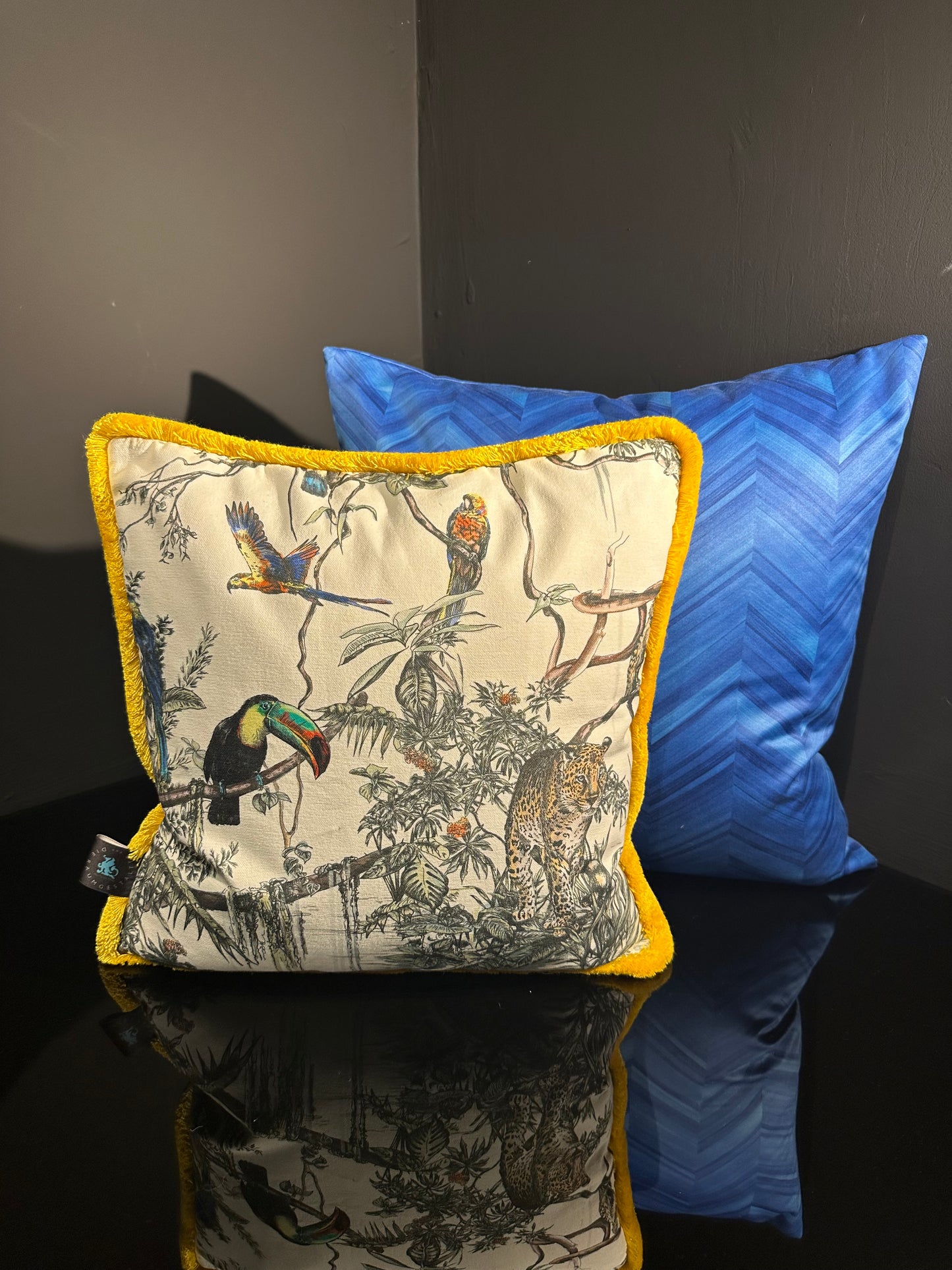 Dschungelzauber hell Birds Kissen mit Fransen gelb 40x40cm