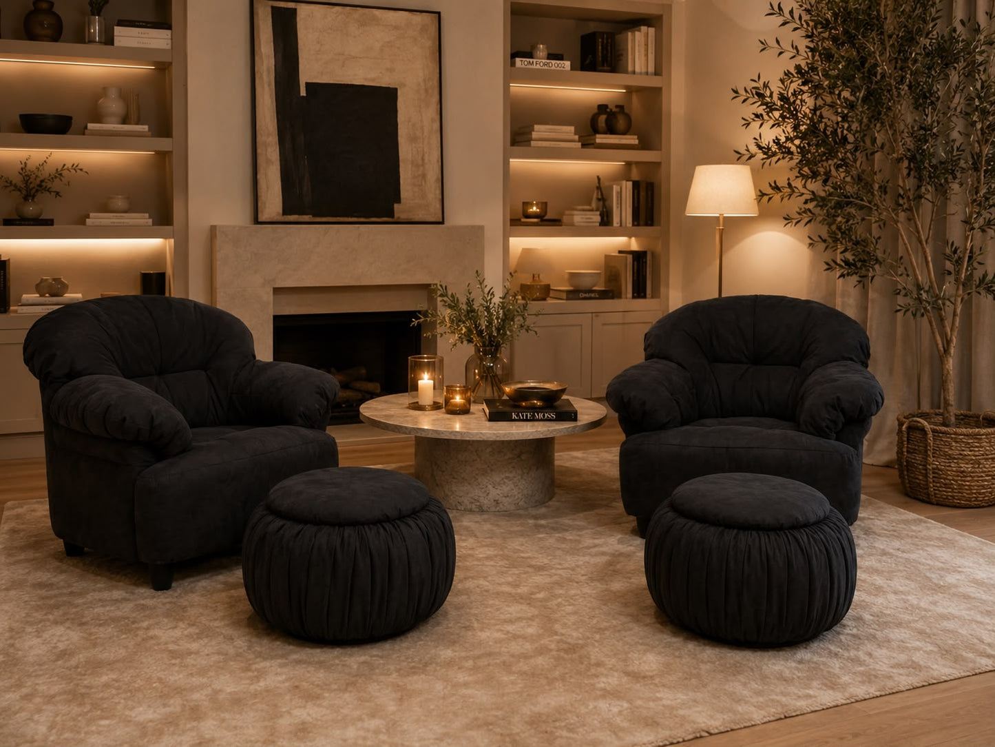 Lounge-Sessel und Pouf-Hocker im Stil der späten 80er-/frühen 90er-Jahre