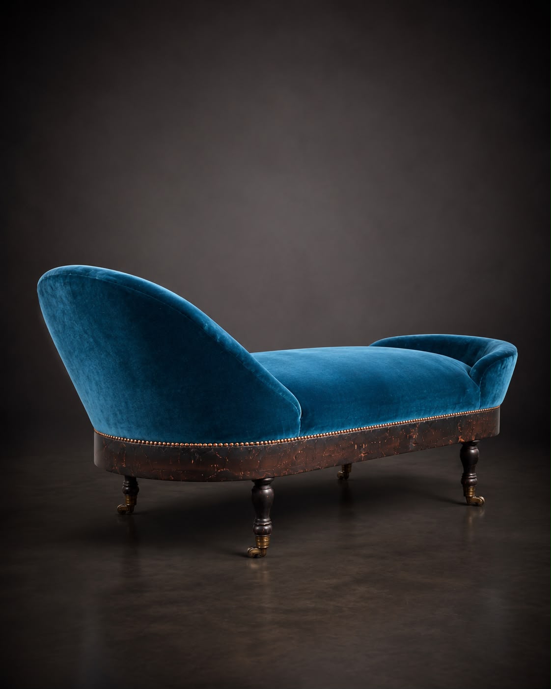 Historische Recamière / Chaiselongue in petrolfarbenem Designers-Guild-Samt