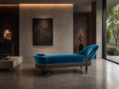 Historische Recamière / Chaiselongue in petrolfarbenem Designers-Guild-Samt