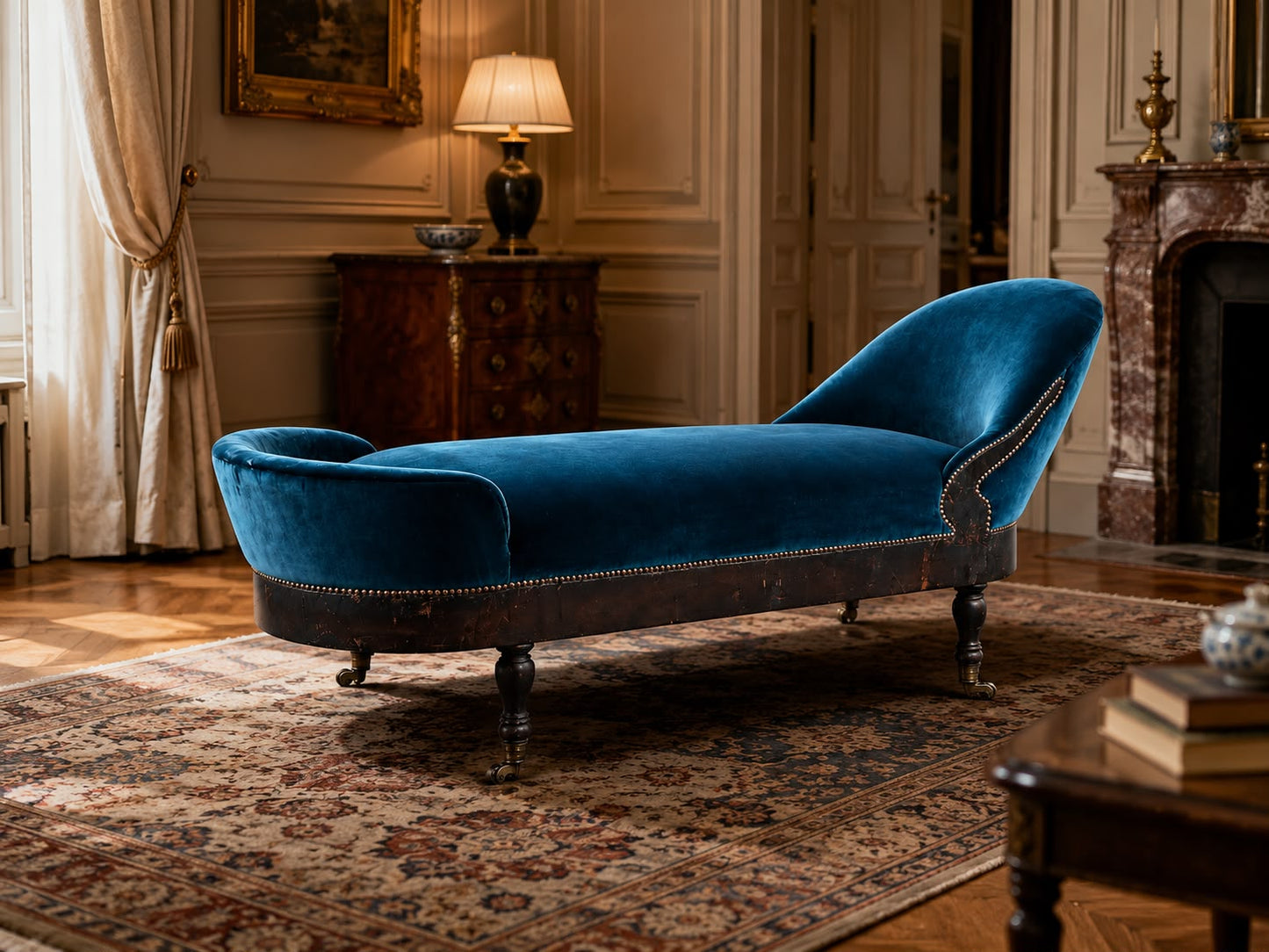 Historische Recamière / Chaiselongue in petrolfarbenem Designers-Guild-Samt