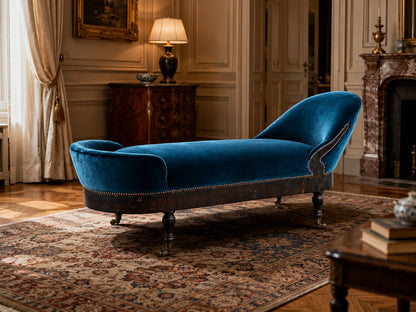 Historische Recamière / Chaiselongue in petrolfarbenem Designers-Guild-Samt