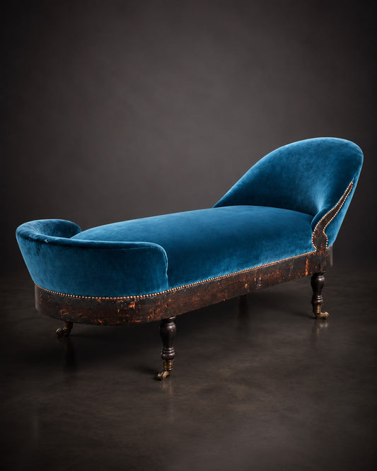 Historische Recamière / Chaiselongue in petrolfarbenem Designers-Guild-Samt